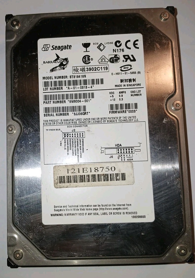 Vintage Seagate ST318418N 18.4GB 7200 RPM SCSI 2MB Cache 50-Pin Hard Drive HDD