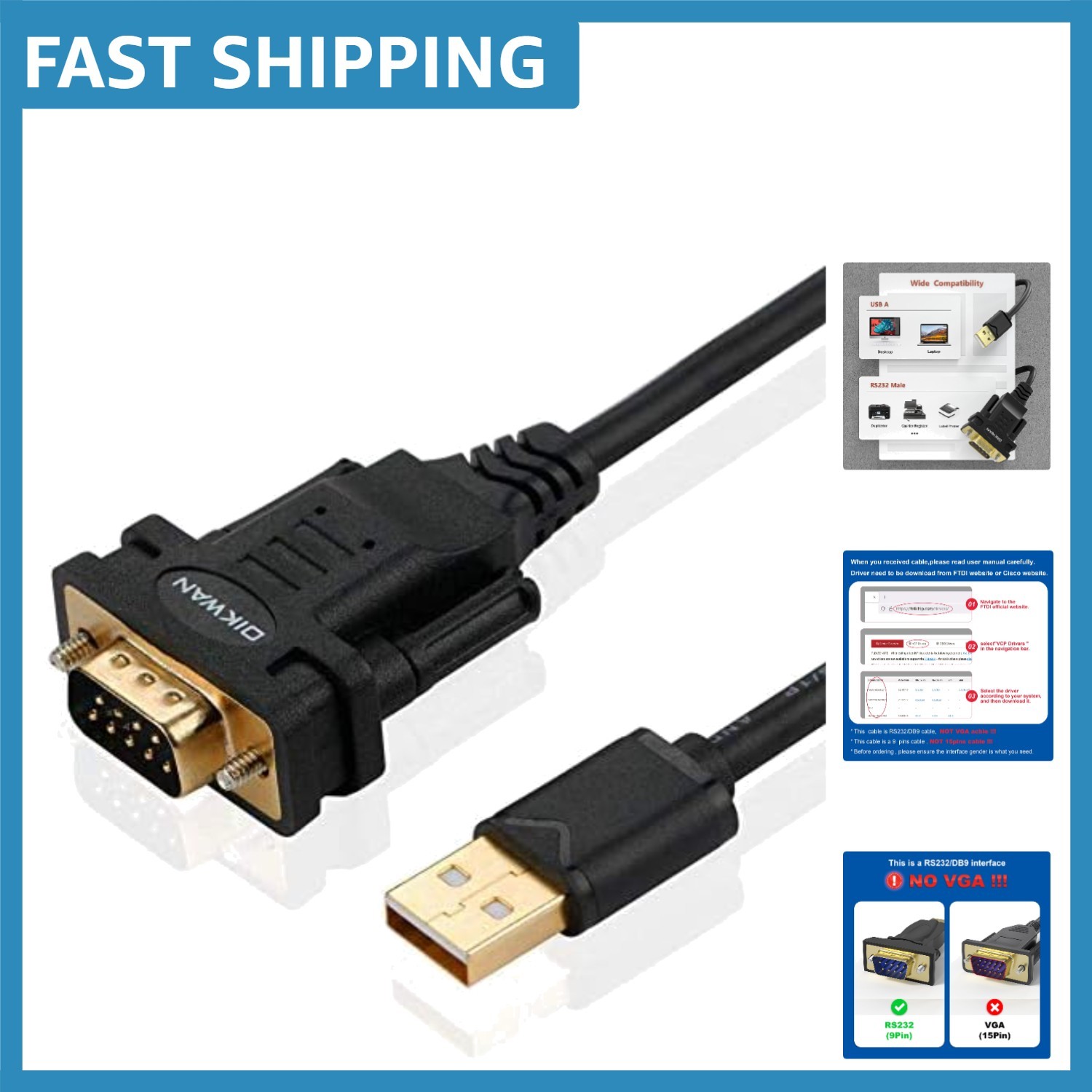 FTDI USB to RS232 Cable - Dependable 6ft Male DB9 Adapter for Legacy Devices