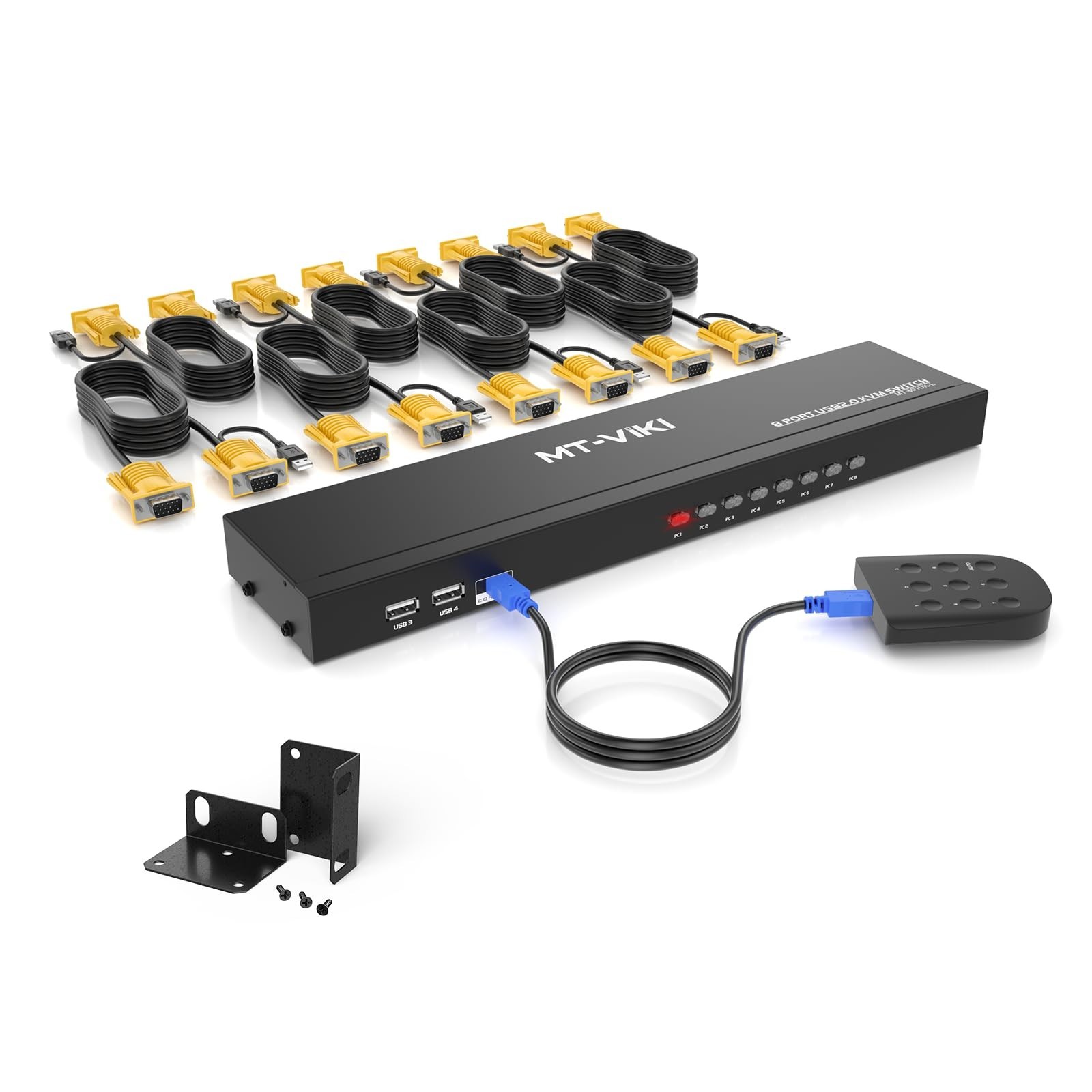 8-Port KVM Switch Rackmount VGA, 8x1 Selector with 8 KVM Cables & Power Adapter,