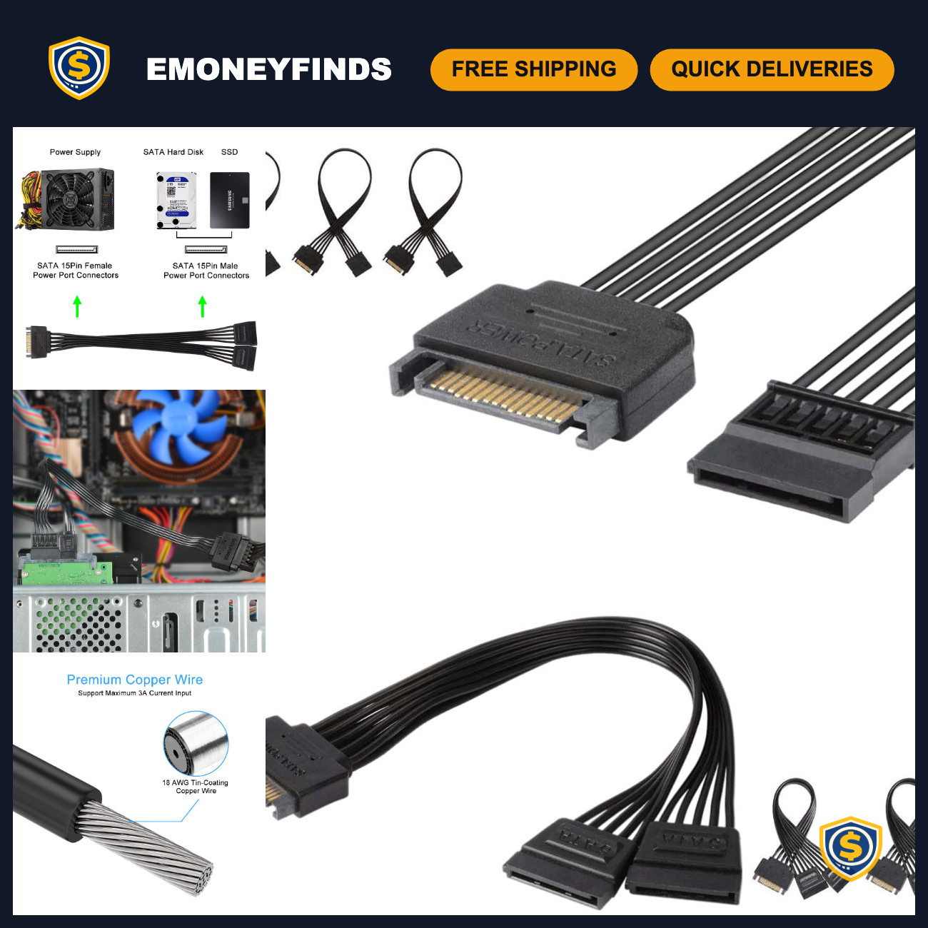 15 Pin SATA Power Extension Cable 3 Pack + 15 Pin Y Splitter Cables, Male to Fem