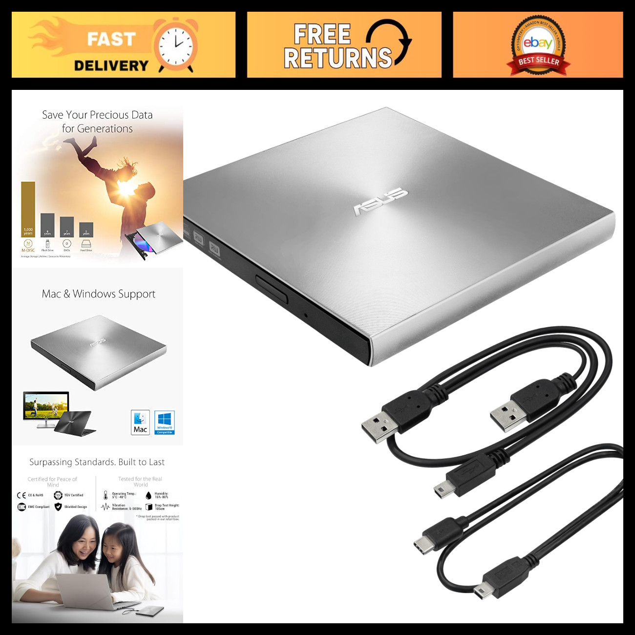 External DVD Writer, Slim 13mm USB 2.0 & Type-C, Compatible with Mac/PC