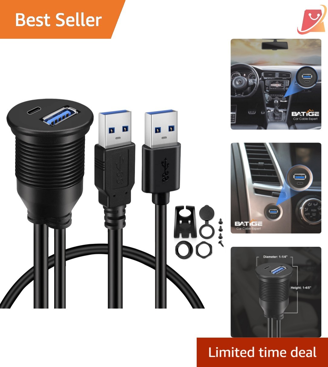 USB 3.0 to Type C Car Mount Flush Cable Waterproof Dual Port Extension 3ft