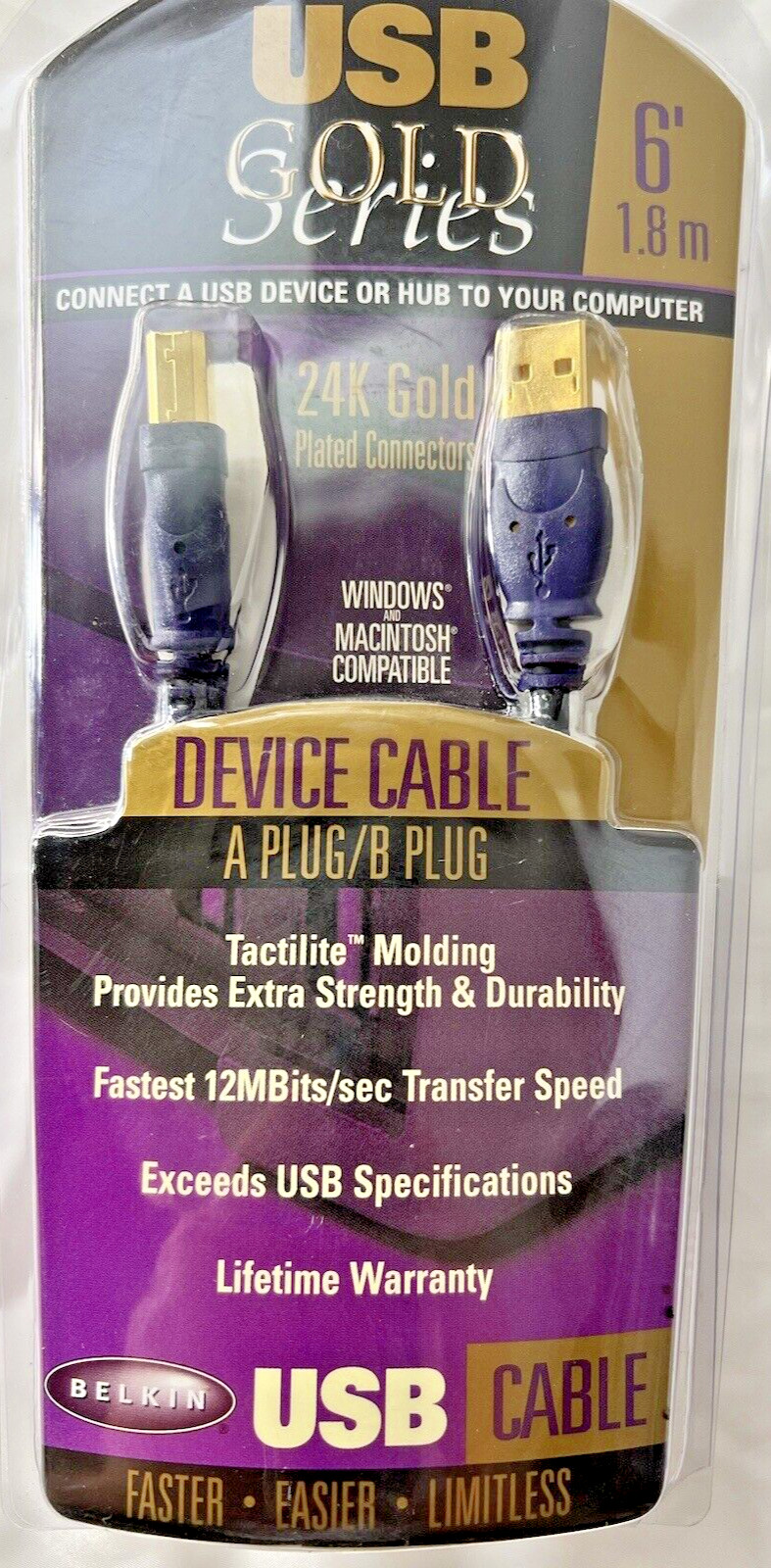 Brand New in package Belkin USB 2 Gold Series A Plug/B Plug 6’ Device Cable