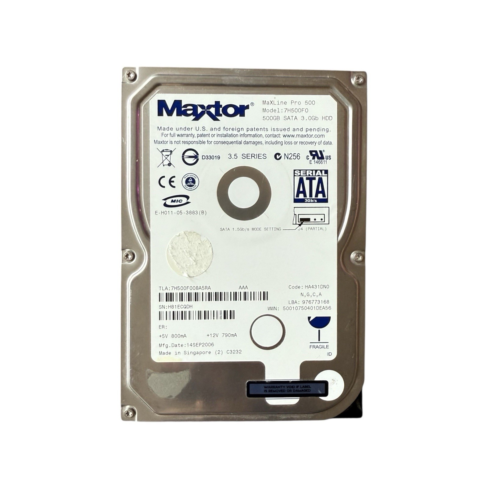 Maxtor MaxLine Pro 7H500F0 500G 7200RPM SATA 3.5" Hard Drive - Tested