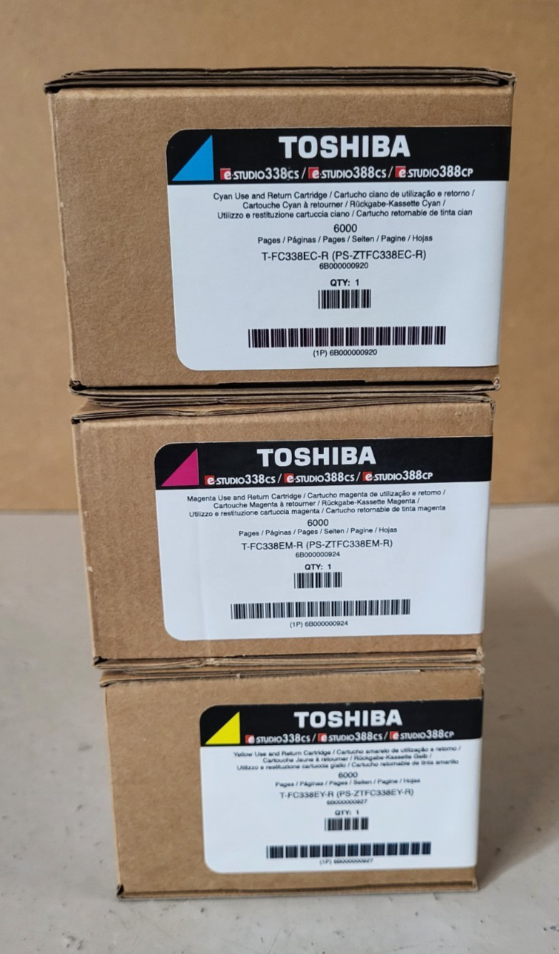 3 Toner Toshiba T-FC338EC-R T-FC338EM-R T-FC338EY-R New Original Packaging A-Stock e-Studio 338