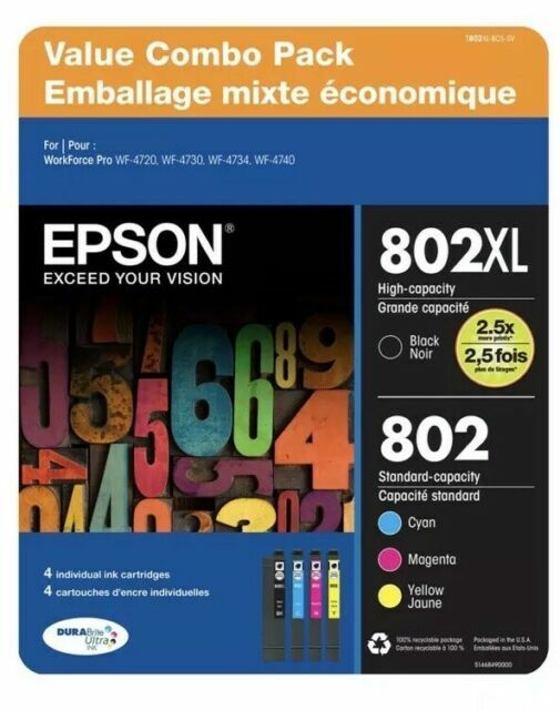 Genuine Epson Ink 802 4-pack Black Cyan Magenta Yellow