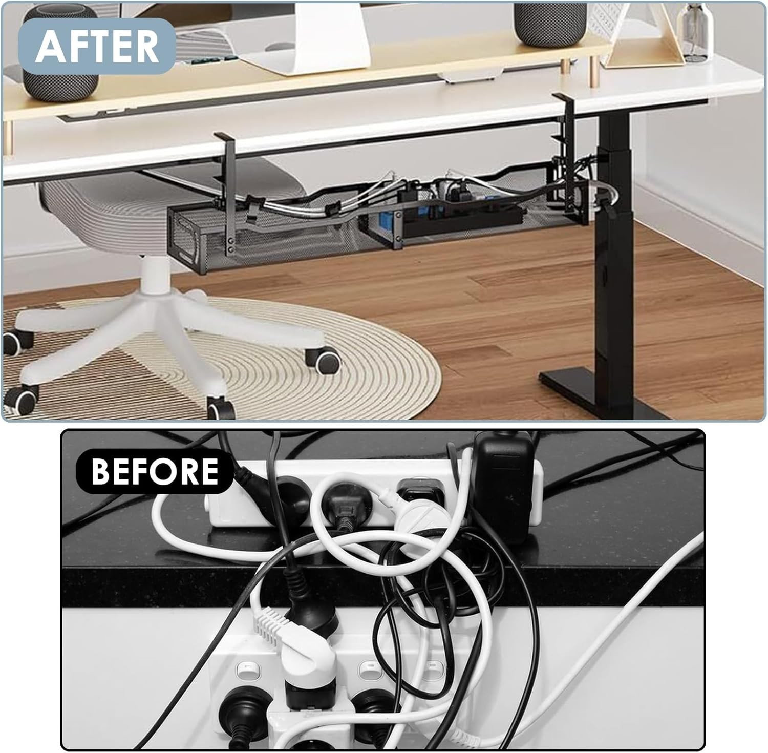 Mzmaxy 25'' No Drill Under Desk Cable Management Tray, Cord Organizer with Clamp