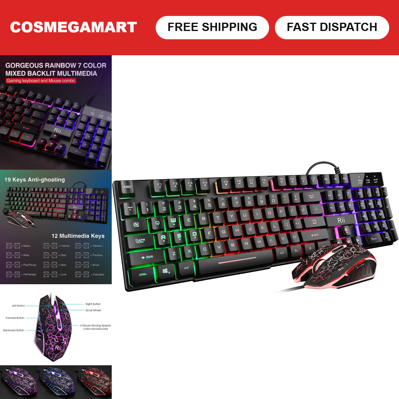 RGB Gaming Keyboard & Mouse Set, Rainbow LED Backlit, Ergonomic Design, Wired