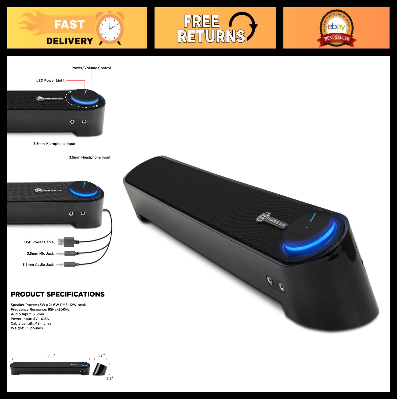 USB Powered Mini Soundbar for PC - Wired AUX, Stereo Audio, Volume Control, Unde