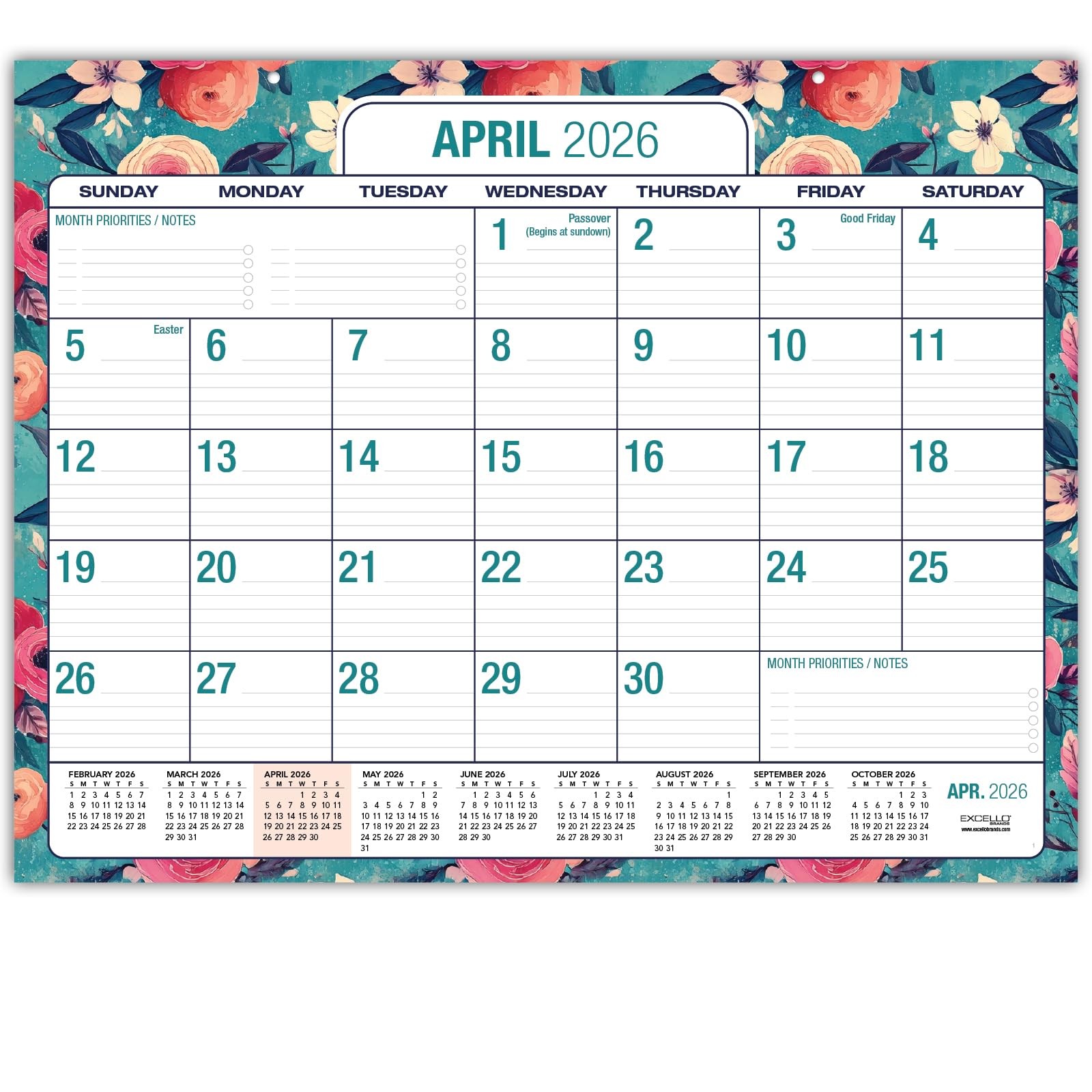 22x17 Inch Large Print Desk Pad Calendar Apr 2026Dec 2027 Teal Floral Mat