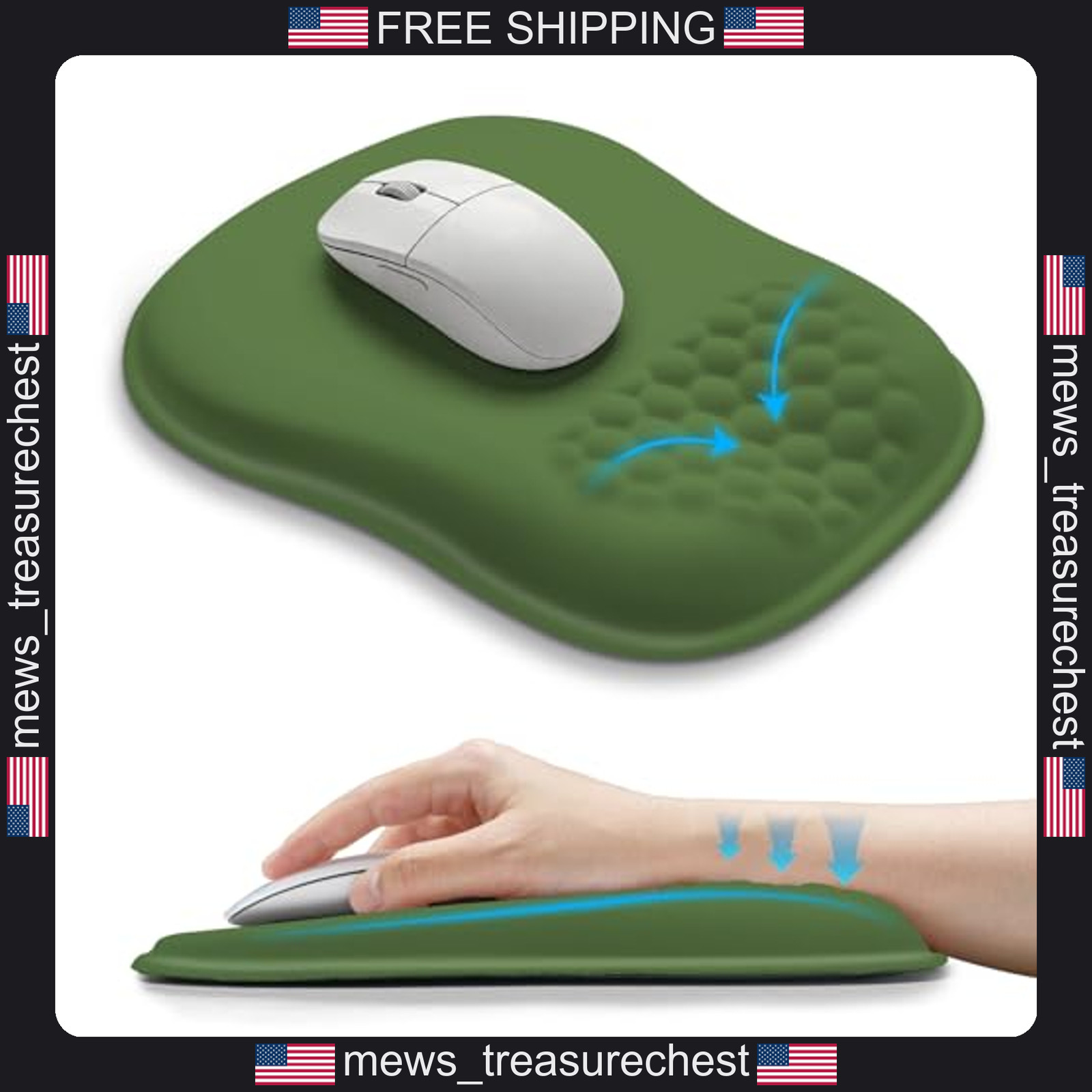 Ergonomic Wrist Support Mouse Pad with Memory Foam Cushion, 10.2x8.3 in, Green