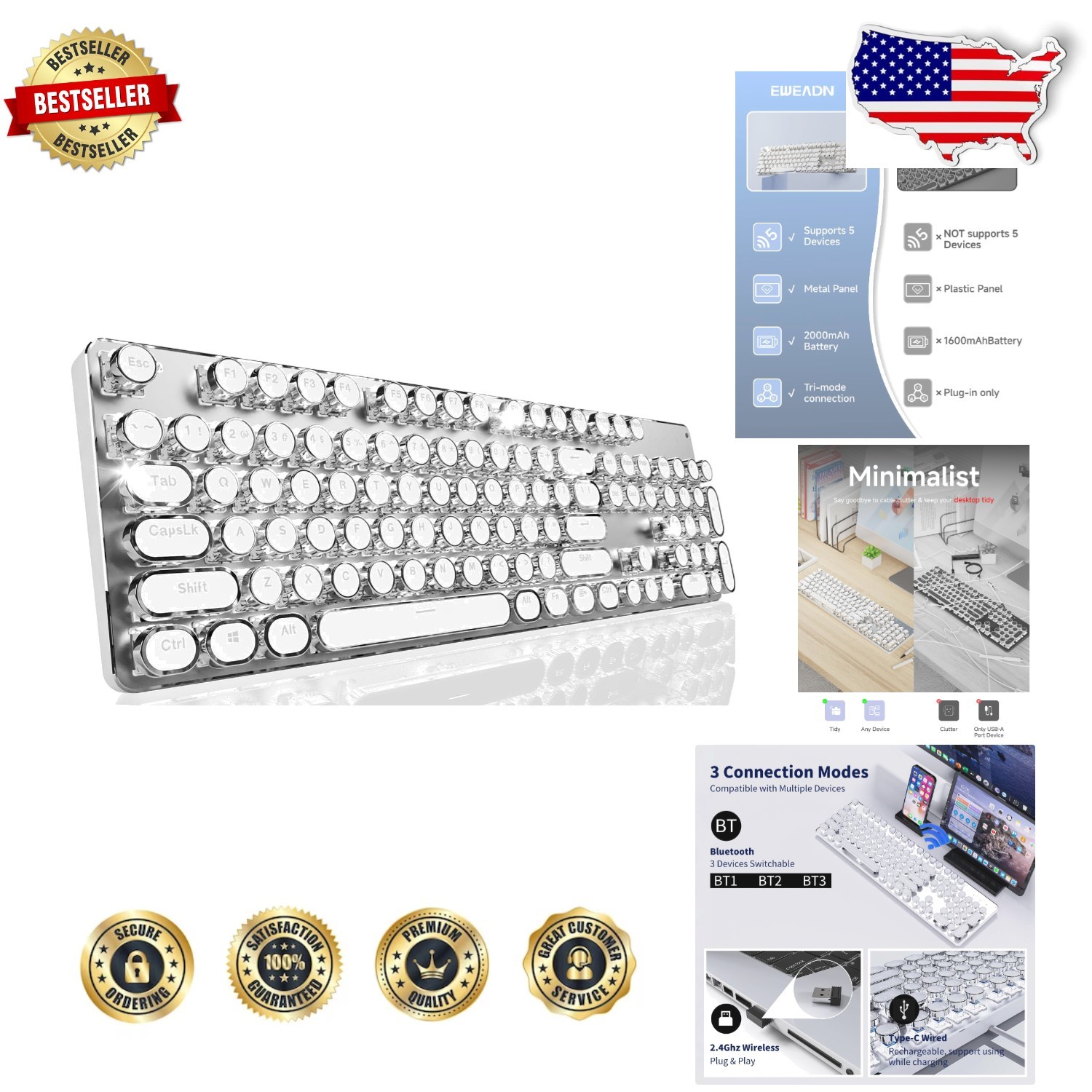 White Mechanical Keyboard | Retro Punk Round Keys | 3-Mode Wireless | Spillproof