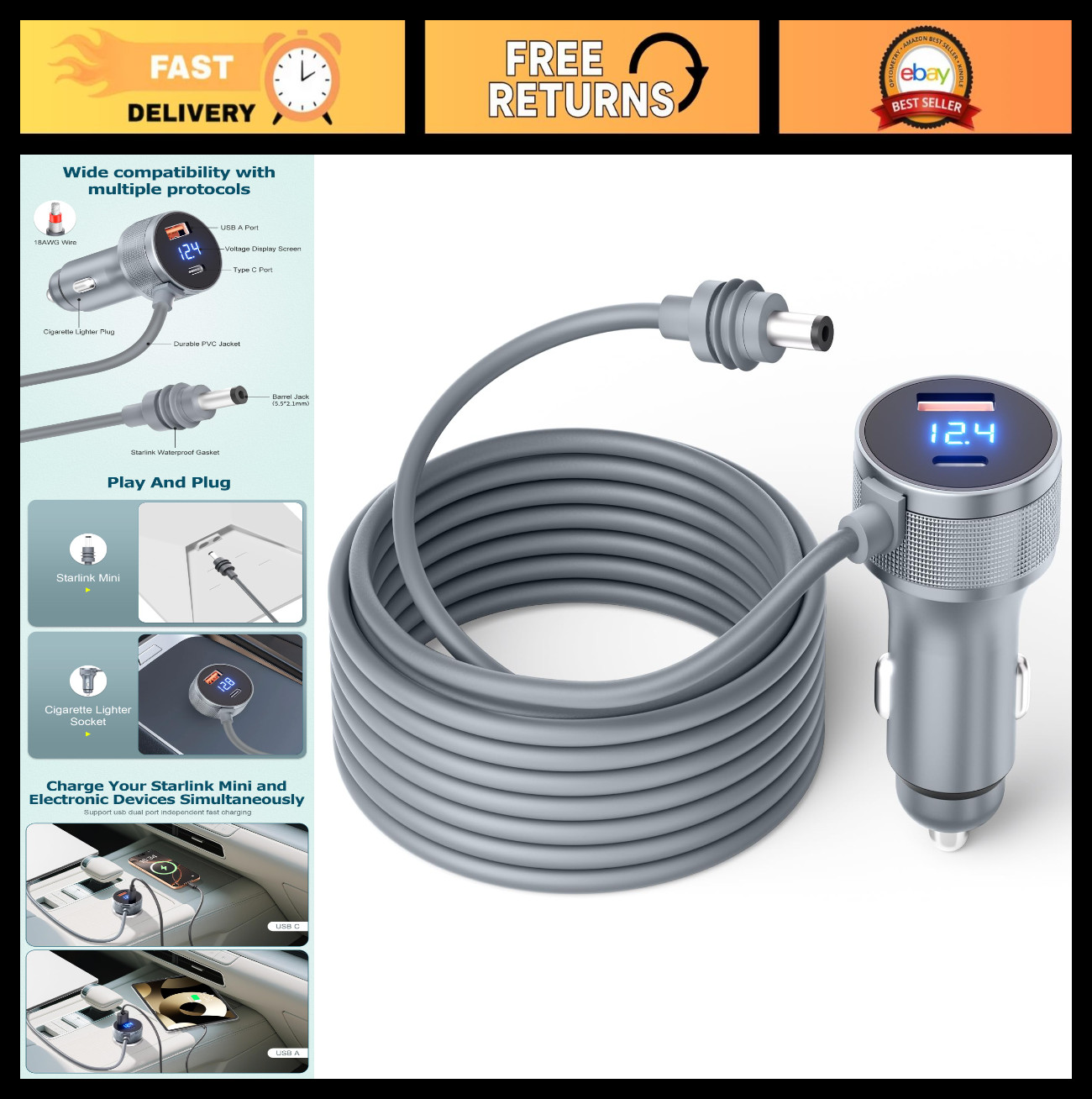 3M/10FT Mini Car Adapter 12V DC Power Cable for Starlink - 3 in 1 Connector