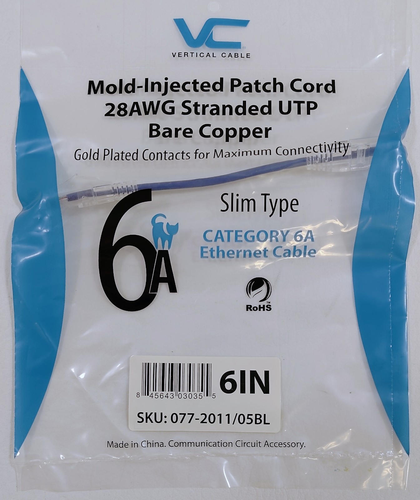 Lot Of 10 VERTICAL CABLE Cat 6a Cable Slim Cat, UTP, 6" , Blue 077-2011/05BL NEW