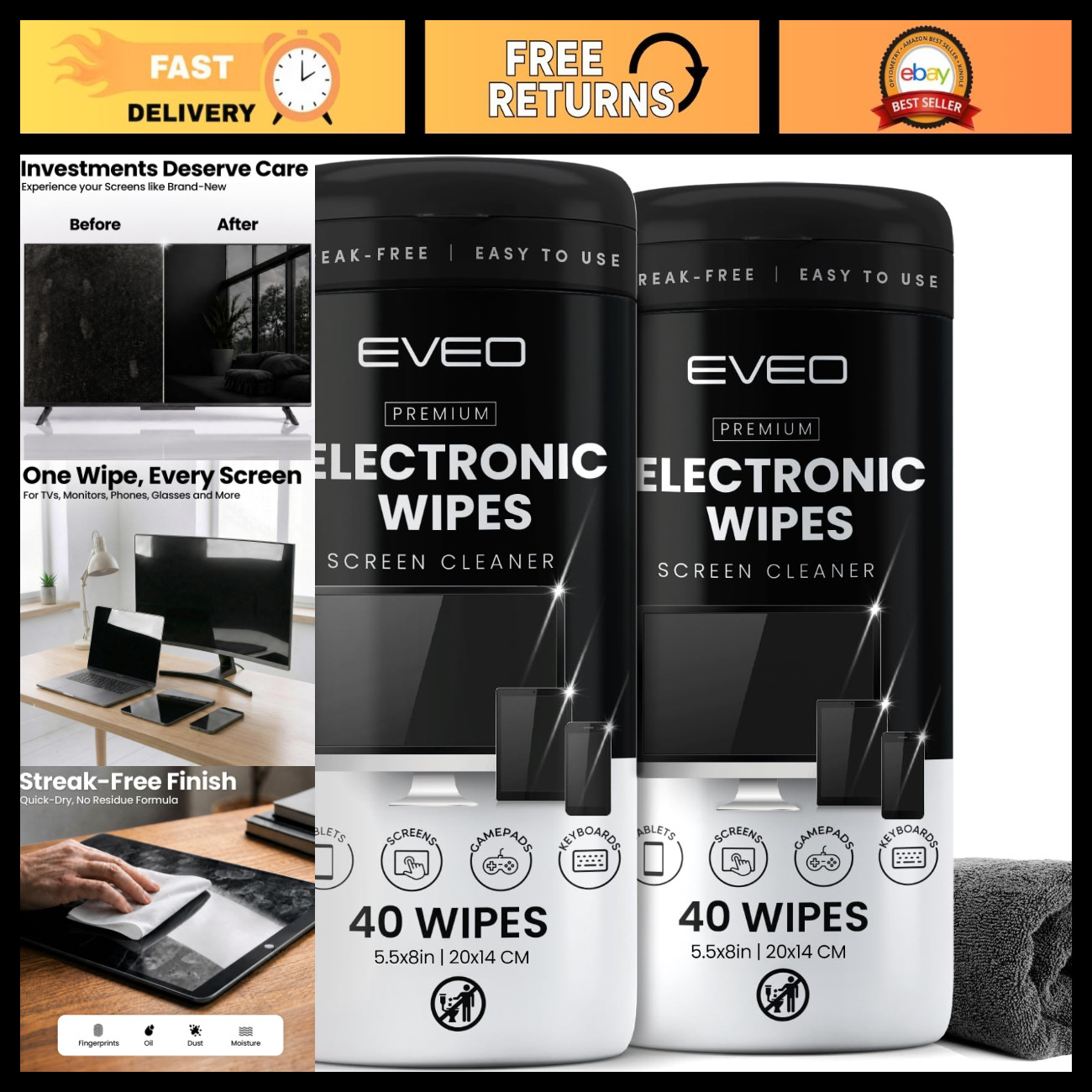 Streak-Free Electronic Screen Cleaner Wipes - 80 Pack for TV, Laptop, iPhone & M