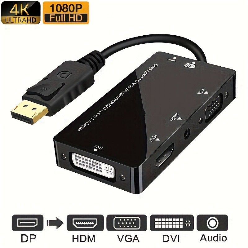 DisplayPort 1.2a to 4K HDMI Dual Link DVI VGA Passive Adapter 4 in 1 with Audio
