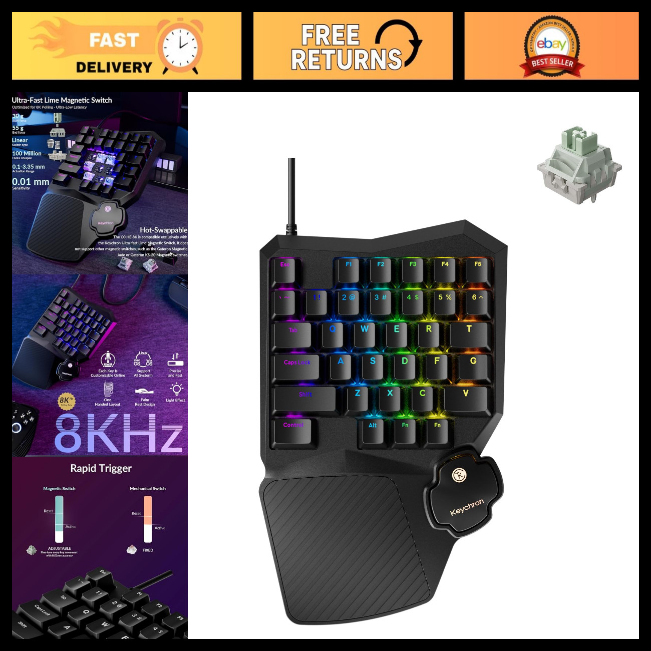 Wired One-Handed Gaming Keypad, 8K Response, Hall Effect Switches, RGB Lighting,