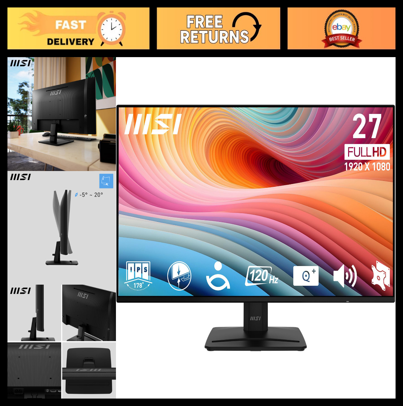 27" FHD Gaming Monitor, 120Hz, IPS, Free-Sync, HDMI, DisplayPort, VESA Mount, Ti