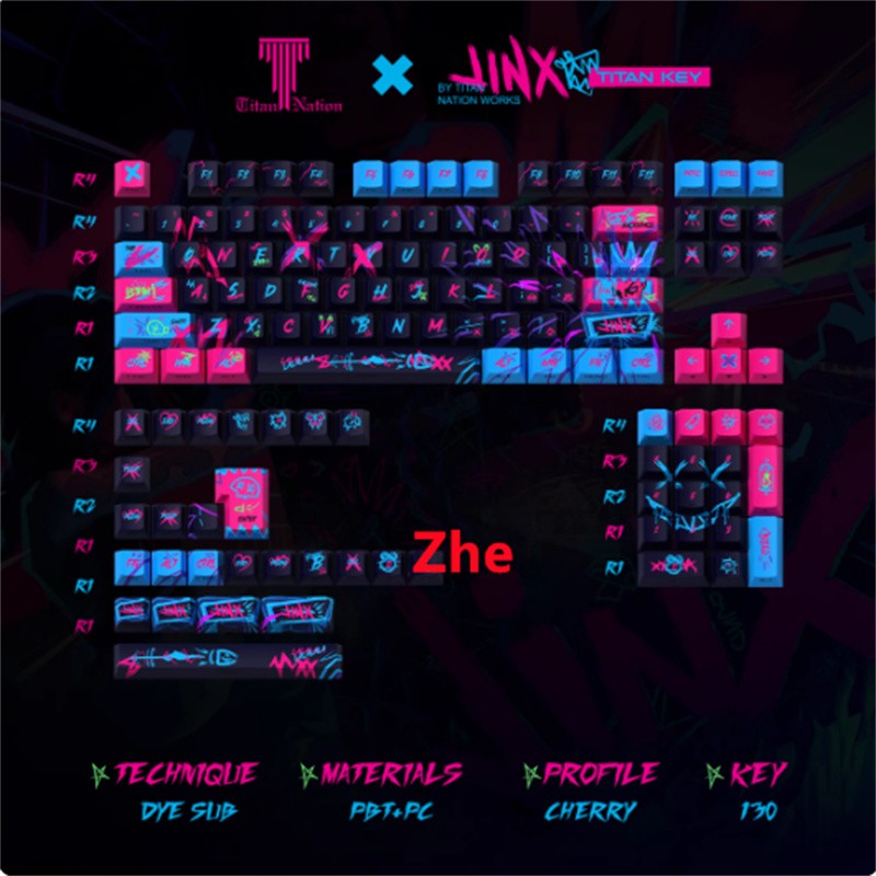LOL Arcane Jinx 130/144 Keys PBT Keycaps Cherry MX Side-Lit Gift For RGB Keypads