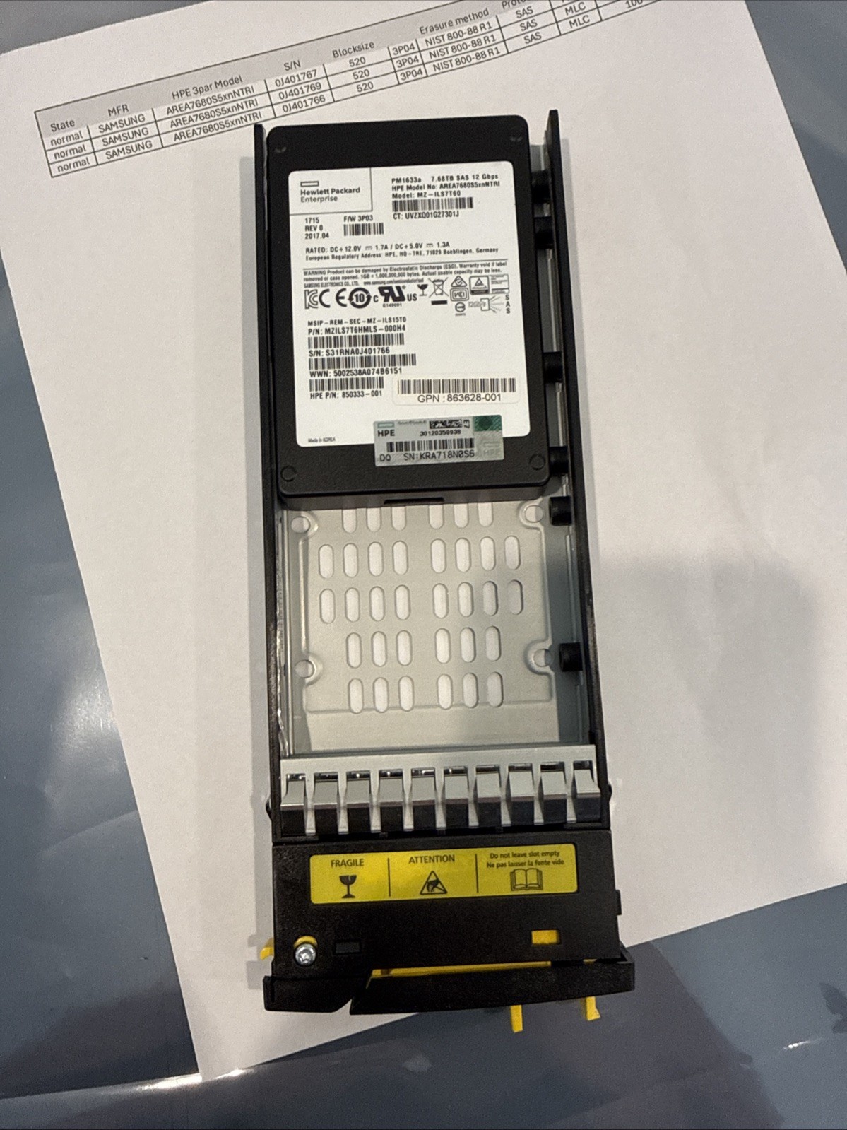 863460-001 HPE 3PAR 8000 7.68TB SAS 2.5IN SSD P9L83A P9L83B 97% - 100% Life