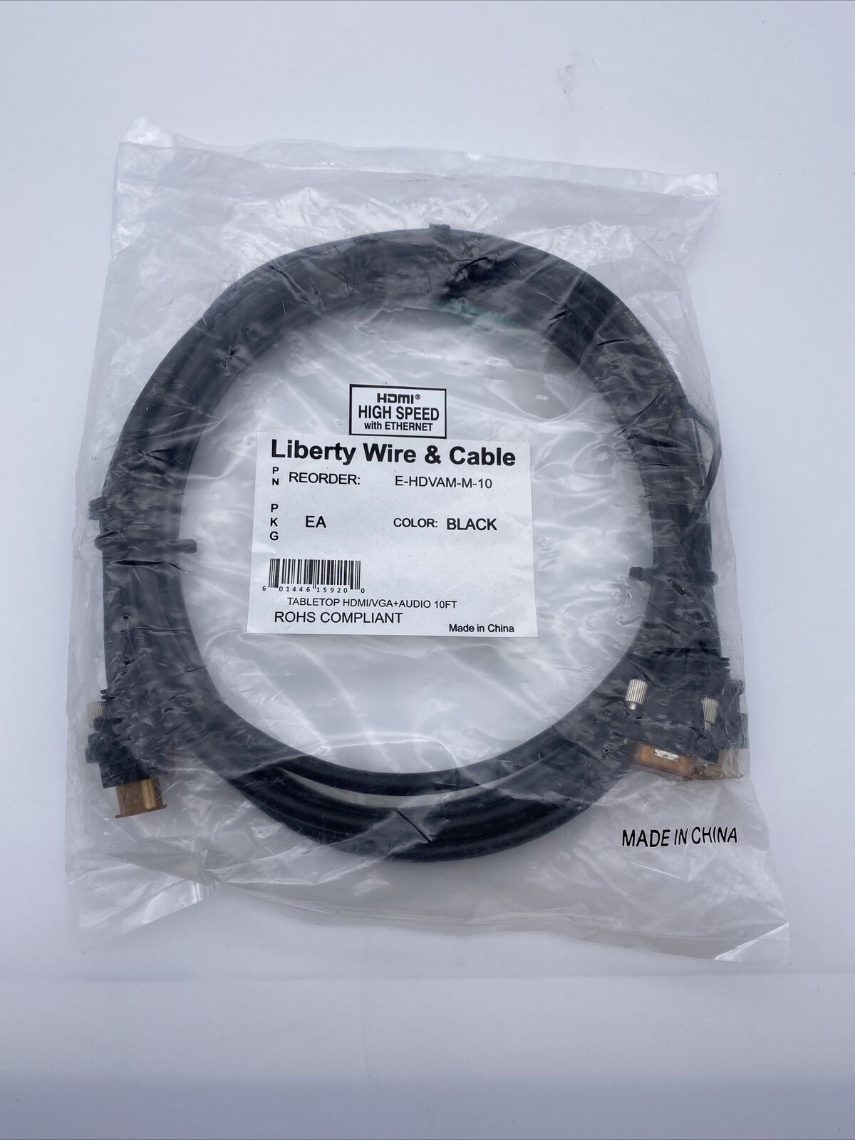 Liberty Wire and Cable E-HDVAM-M-10 HDMI High Speed with Ethernet, Black, 10ft