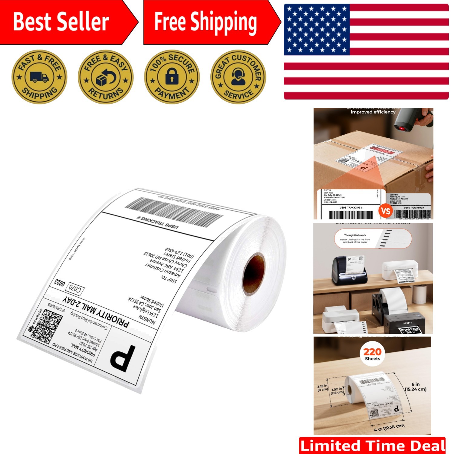 Durable 4"x6" Thermal Printer Labels - 220 Pack, Strong Adhesive & Scratch-Proof