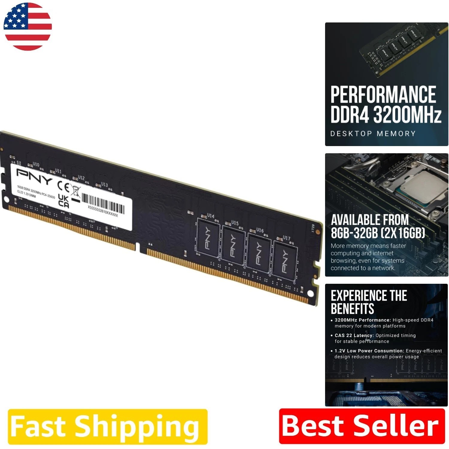 Performance 16GB DDR4 Desktop RAM 3200MHz CL22 PC4-25600 288-Pin