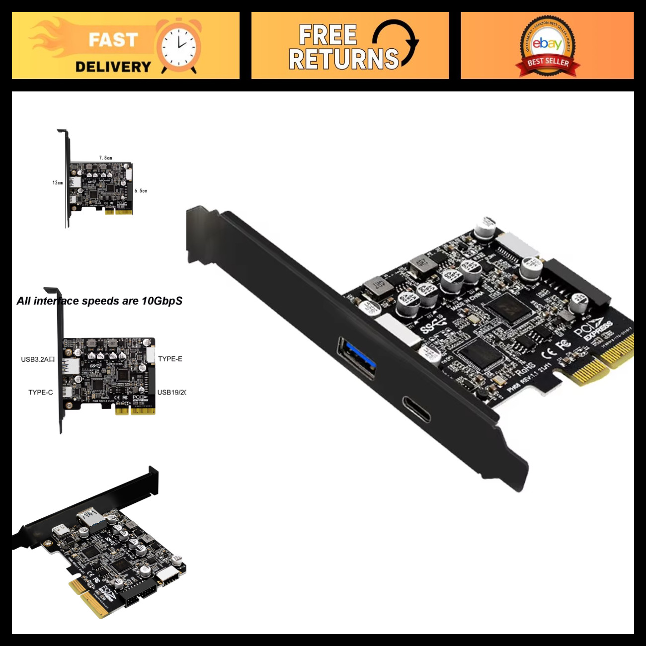 10Gbps PCIe USB 3.2 Gen 2 Hub Card 4-Port Adapter Type-A/C SATA Power UASP PC Ex
