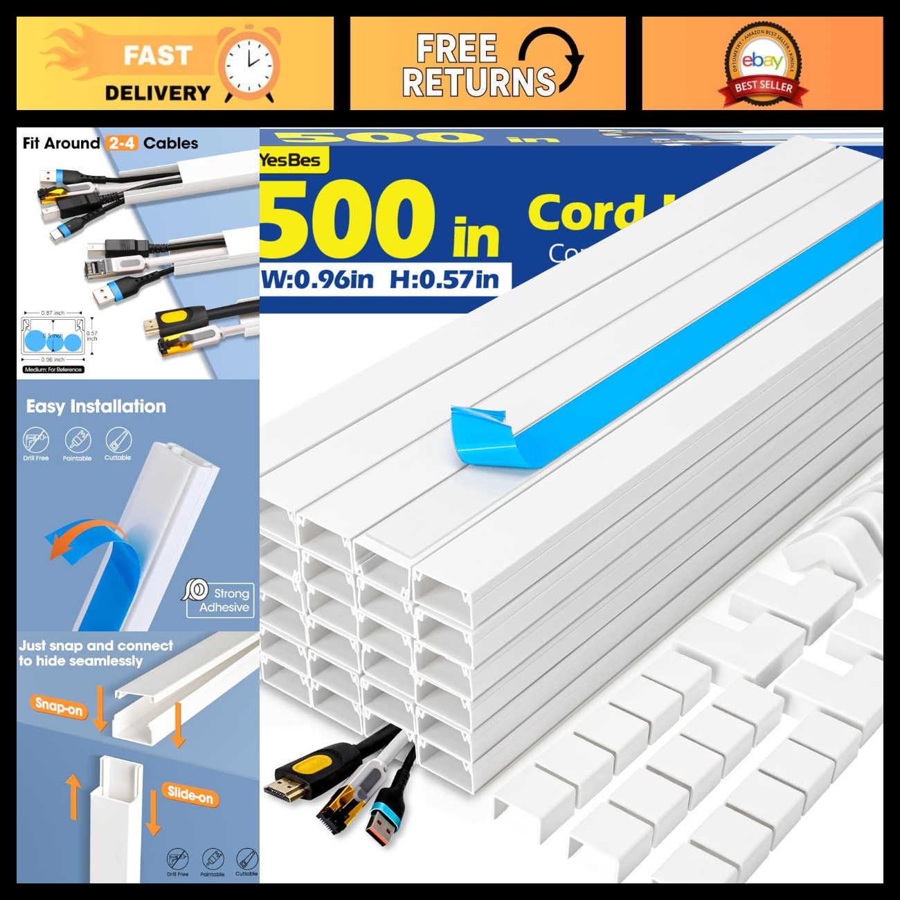 500in Cord Hider Kit - Paintable Cable Raceway for Wall-Mounted TVs, Wire Covers
