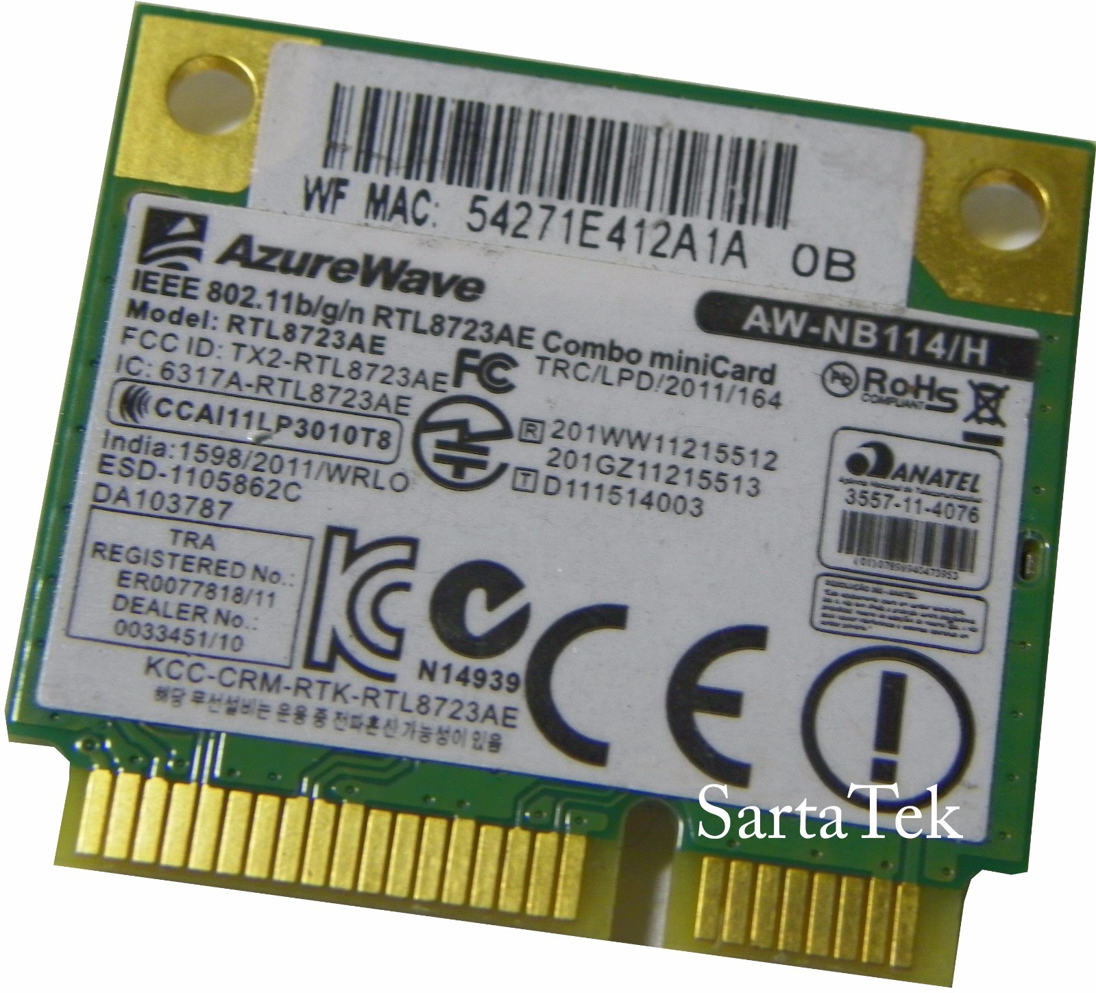 Realtek RTL8723AE 802.11n Wireless bluetooth PCIe Half OEM AzureWave AW-NB114H