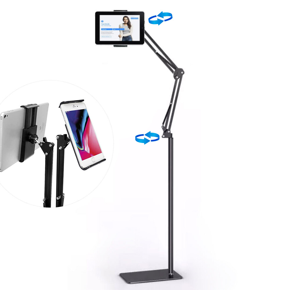 Steel Phone Tablet Floor Stand Holder 360° Rotatable Universal Adjustable Height