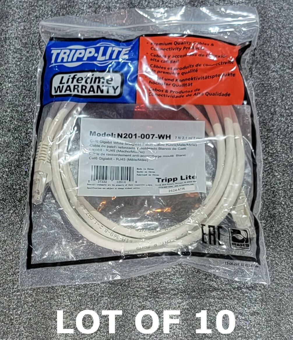 LOT OF 10 NEW TRIPP-LITE CAT6 GIGABIT SNAGLESS WHITE RJ45 PATCH CABLE 7FT (2.1M)