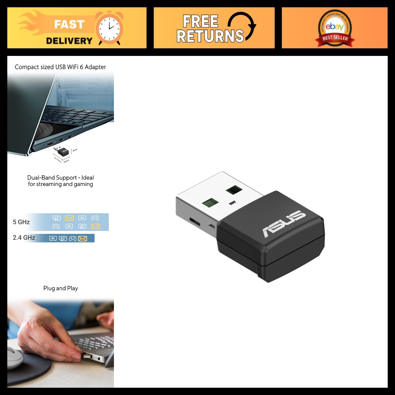 Dual-Band AX1800 WiFi 6 Nano USB Adapter, Plug & Play, WPA3 Security, 5GHz, Win