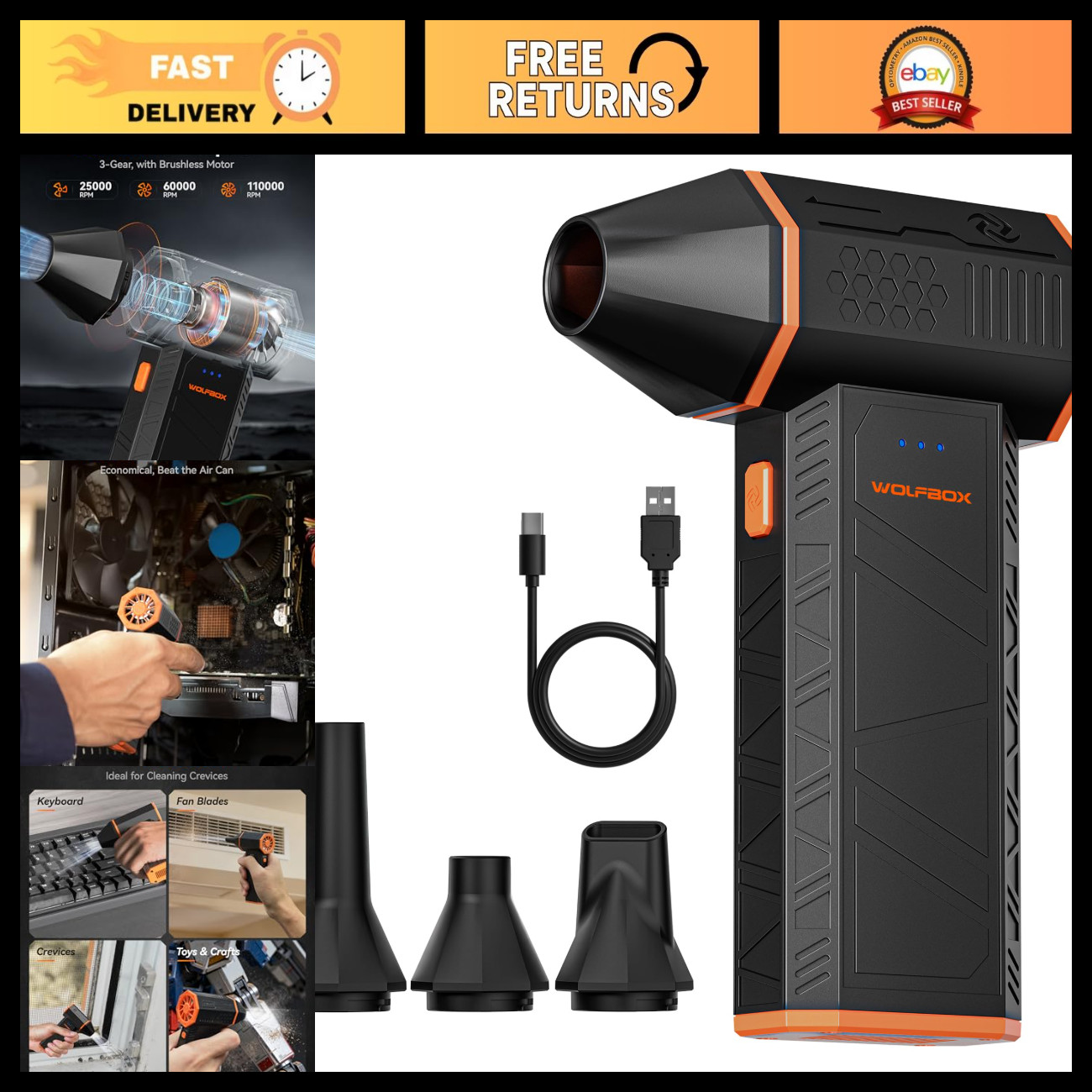 High-Power Compressed Air Duster, 110,000 RPM, 3-Speed Adjustable Blower