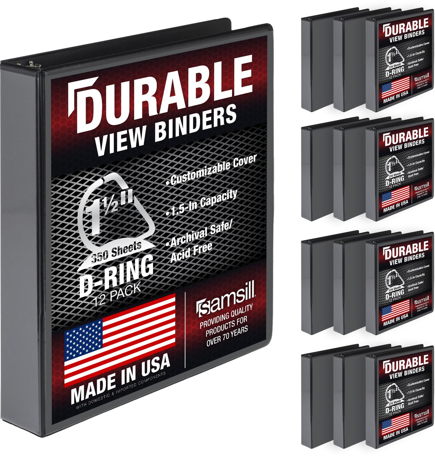 3 Ring Binder 1.5 Inch D 100% Recycled Black 12 Pack Samsill Durable Chipboard