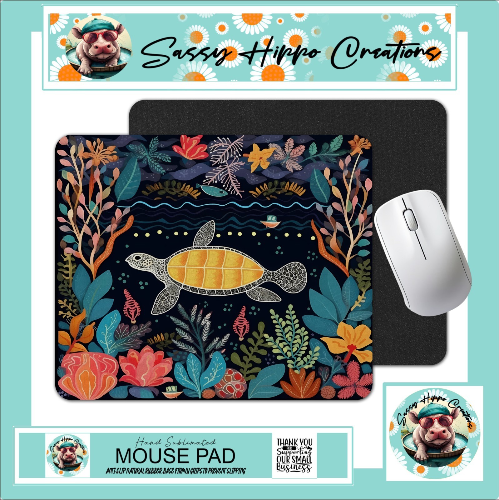Mouse Pad Sea Turtle Abstract Art Ocean Life Anti Slip Back Easy Clean Sublimate