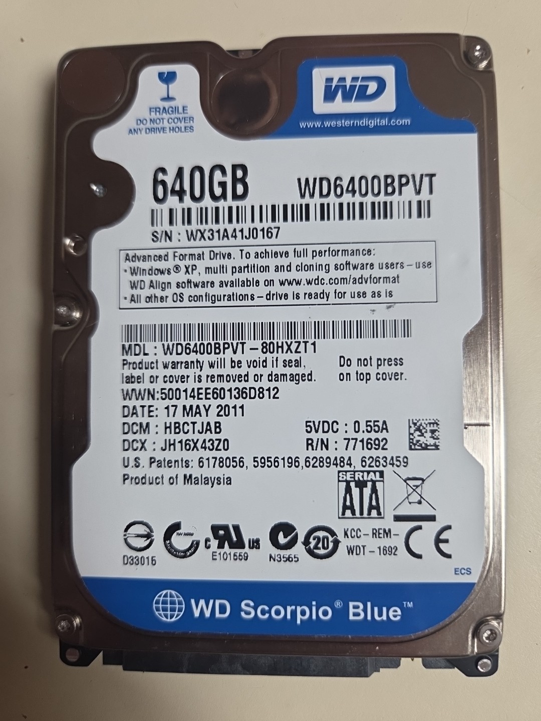 Western Digital 640GB WD6400BPVT-60HXZT1 5400RPM 2.5" SATA Laptop Hard Drive