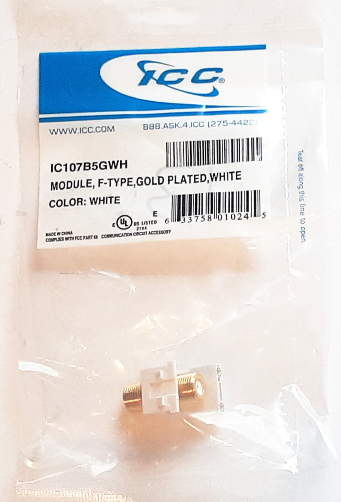 Lot of 10 ICC IC107B5GWH F- Modular Keystone Jack, Gold-Plated Connector, White