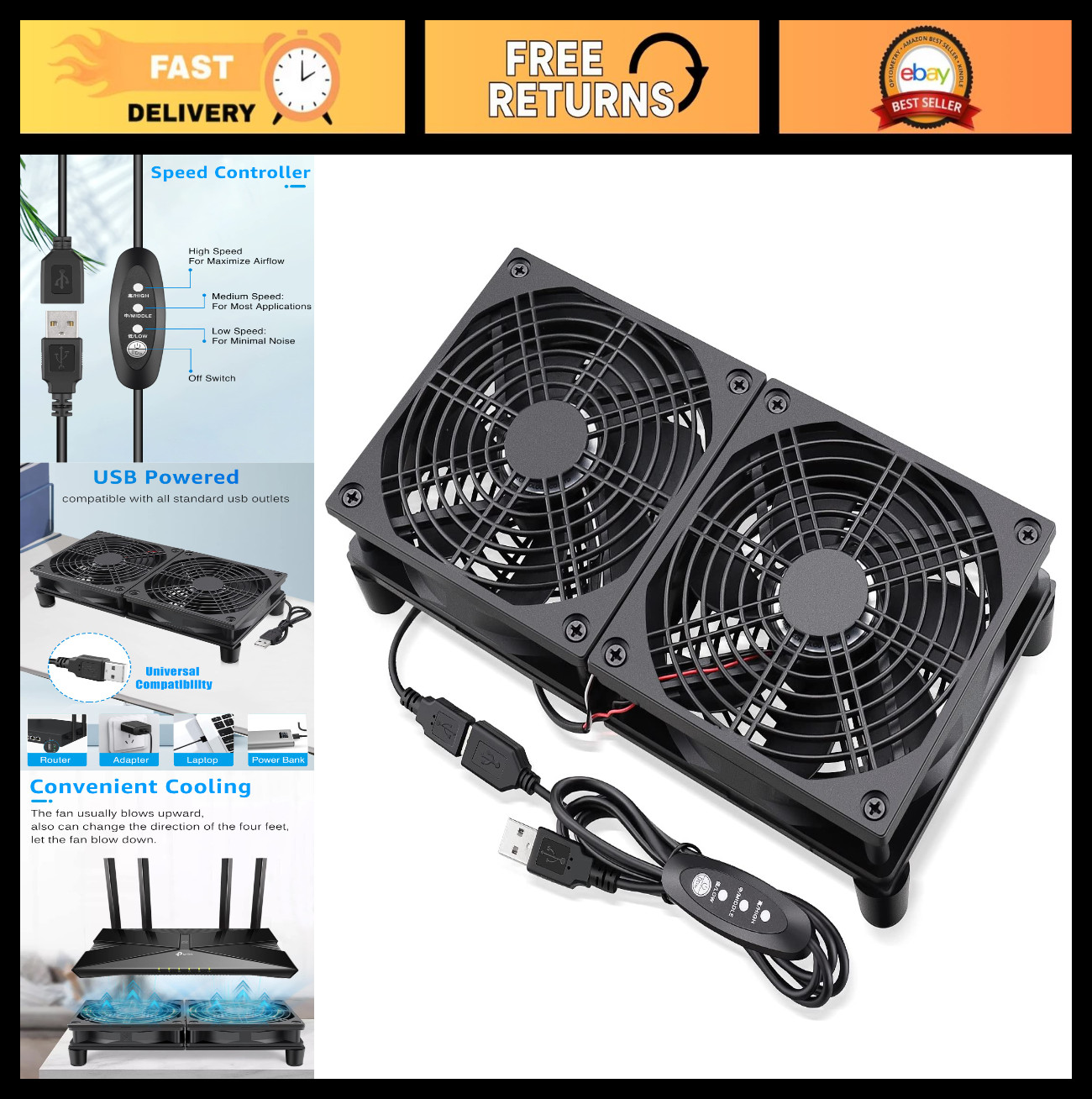 Quiet Router Fan Cooler - 3 Speed Control, USB Powered Dual 120mm Cooling Fan fo