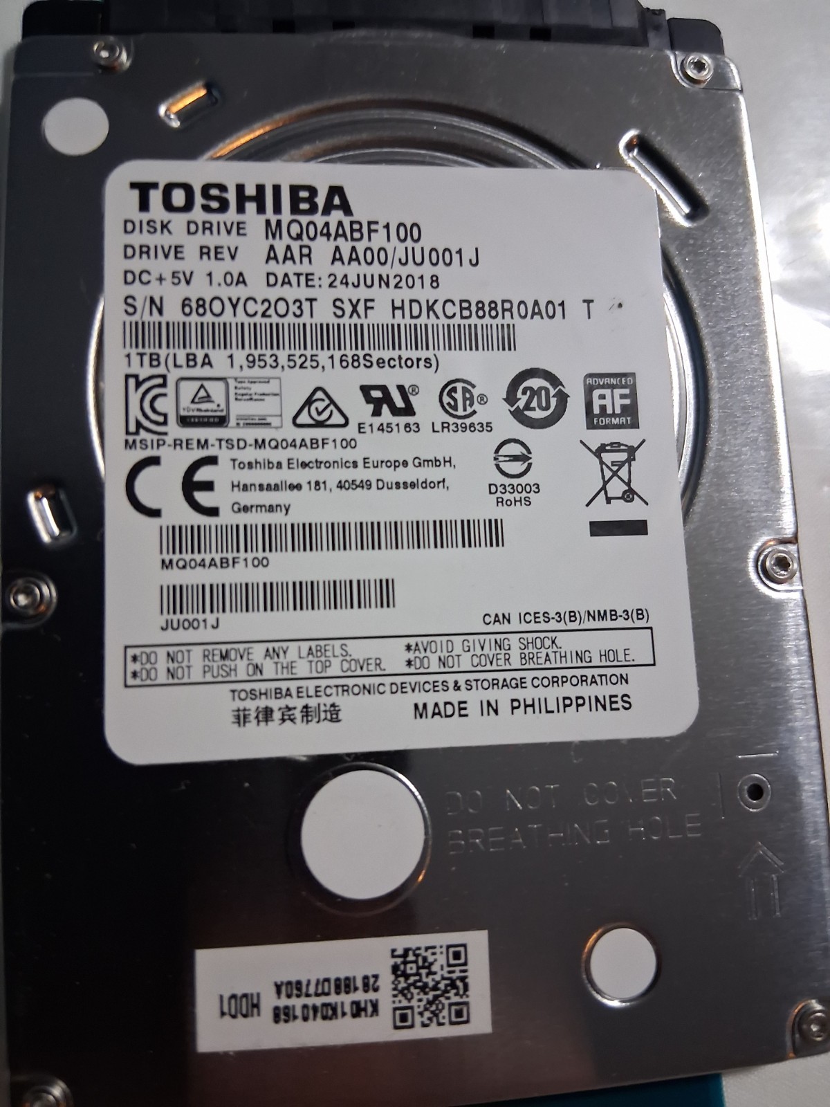 Toshiba 1TB MQ04ABF100 2.5in SATA III 5400 RPM Internal Hard Drive