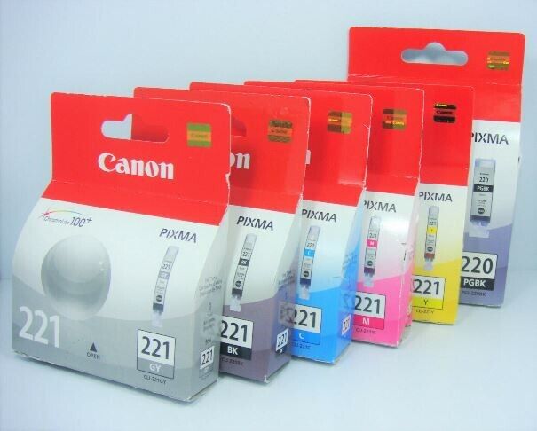 Set 6 Genuine Factory Sealed Canon 220 Blk 221 Inkjets Bk Cyn Yl Mag Gray