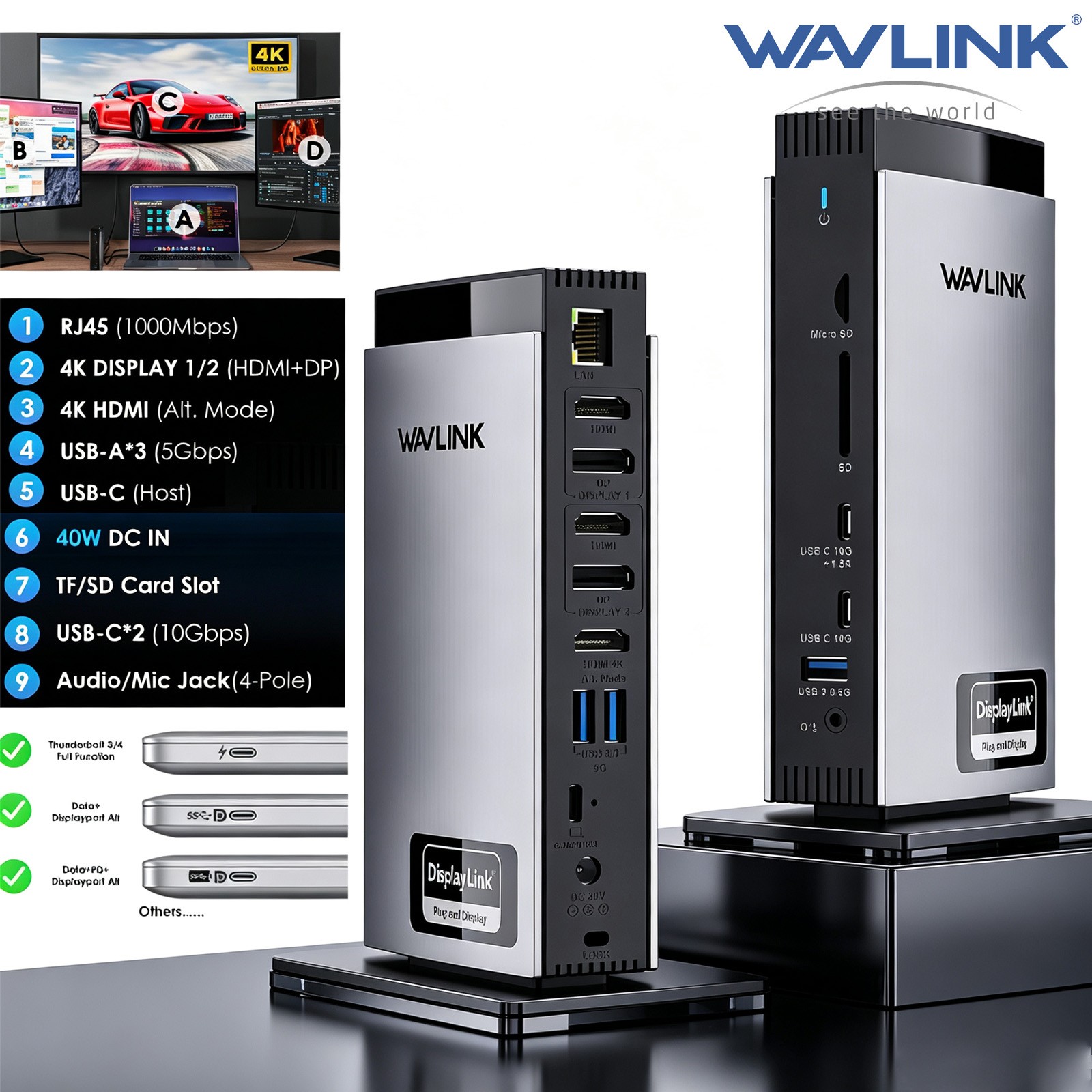 WAVLINK USB C Laptop Docking Station DisplayLink 3 HDMI 2 DP Triple Monitors