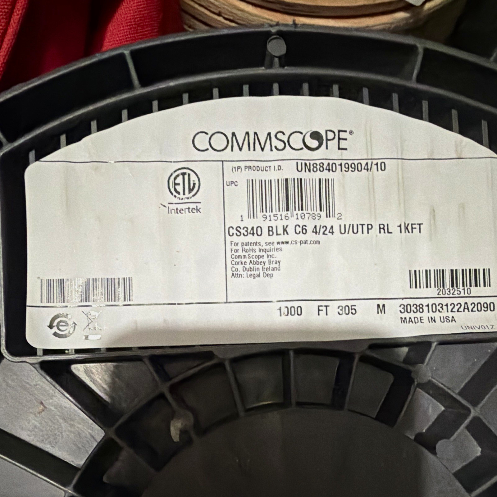 CommScope CS340 Cat6 1000 ft U/UTP Bulk Ethernet Cable Spool Black