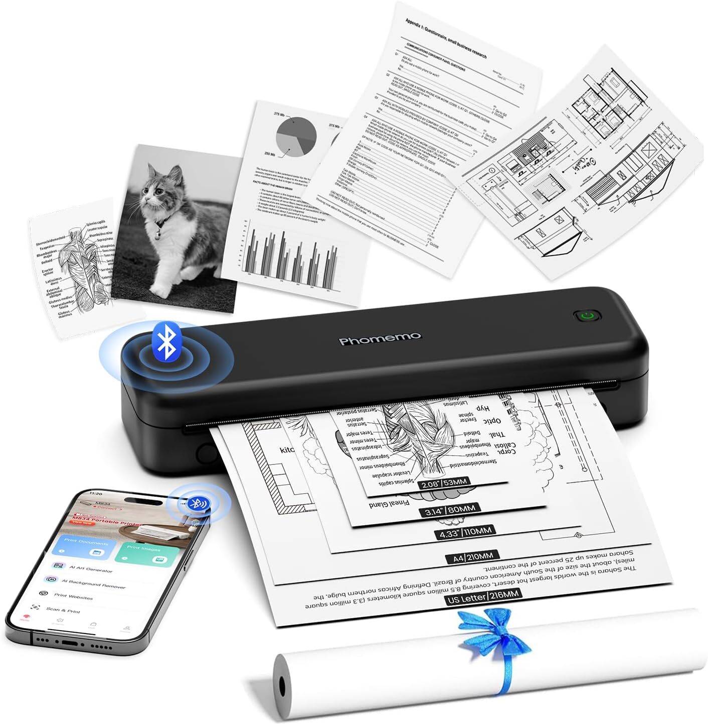 Phomemo M834 Portable Printer Inkless Thermal Printers Support 8.5 x 11"& A4 LOT