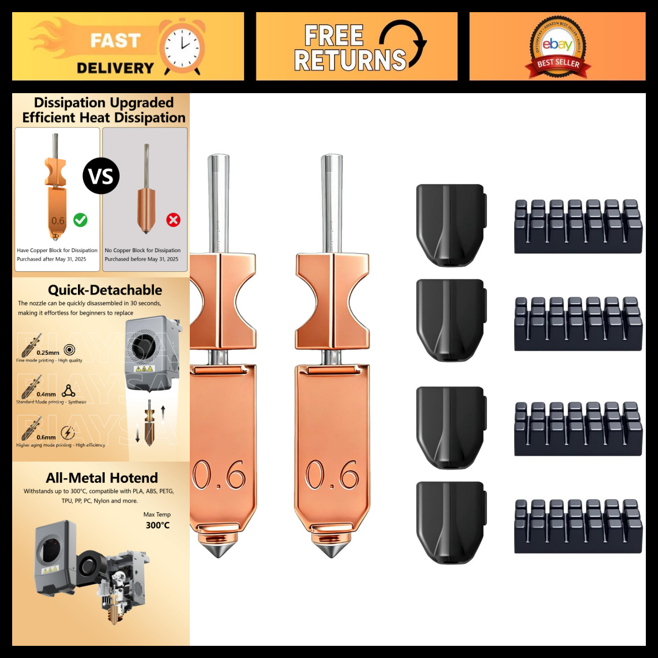 Upgraded 2PCS 0.6mm All-Metal Hotend Nozzle Kit, High-Flow Quick-Detach, 600mm/s