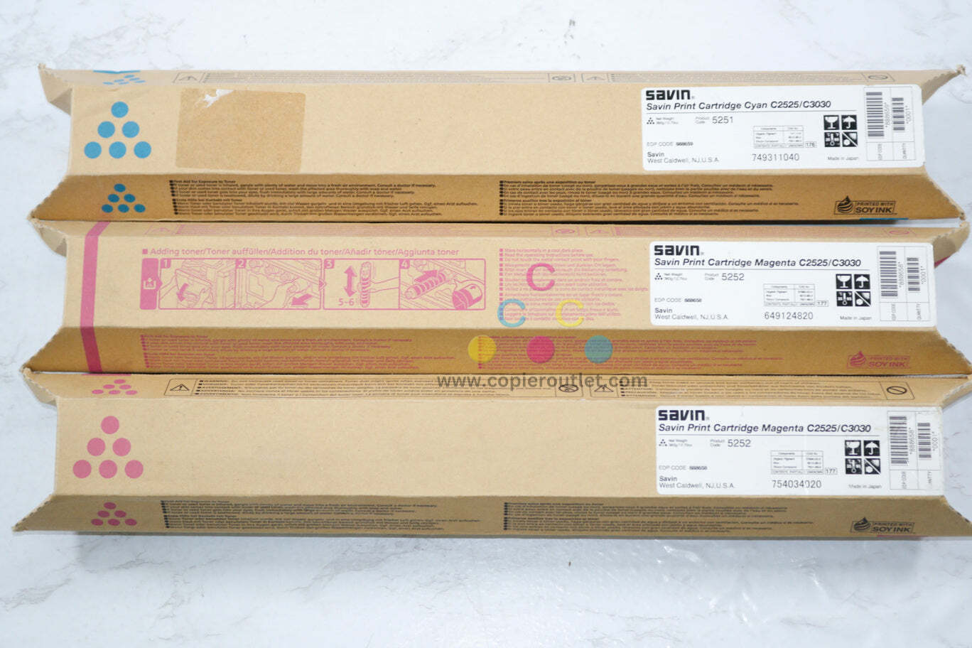 3 New OEM Savin C2020,C2525,C3030 Cyan & Magenta Print Cartridges 888658, 888659