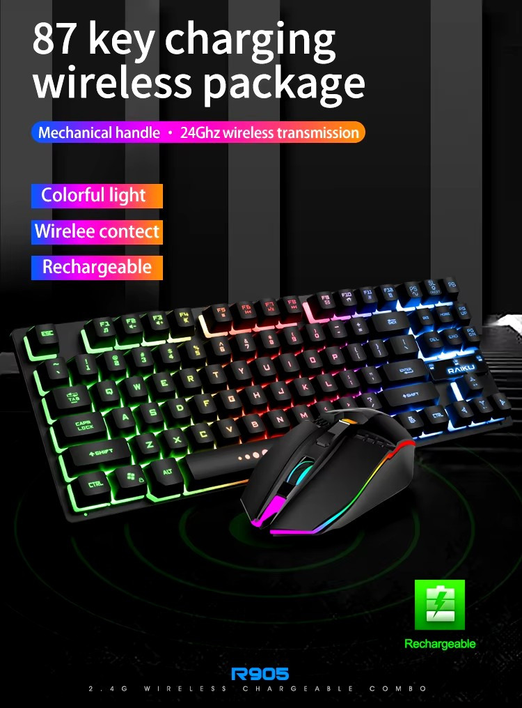 Wireless and Rechargeable RGB Keyboard and Mouse set for Office or Game