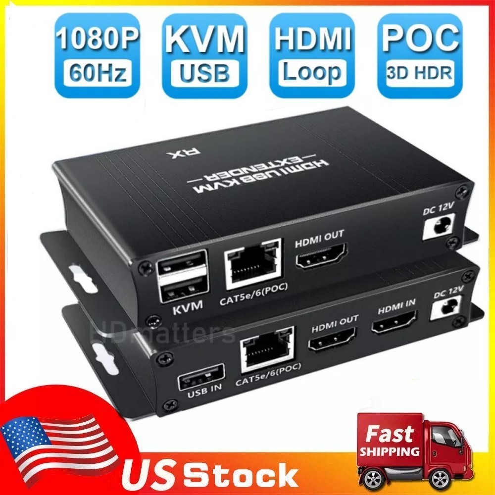 60M HDMI USB KVM Extender Splitter Loop POC Cable over Cat5e/6 Ethernet 1080P 