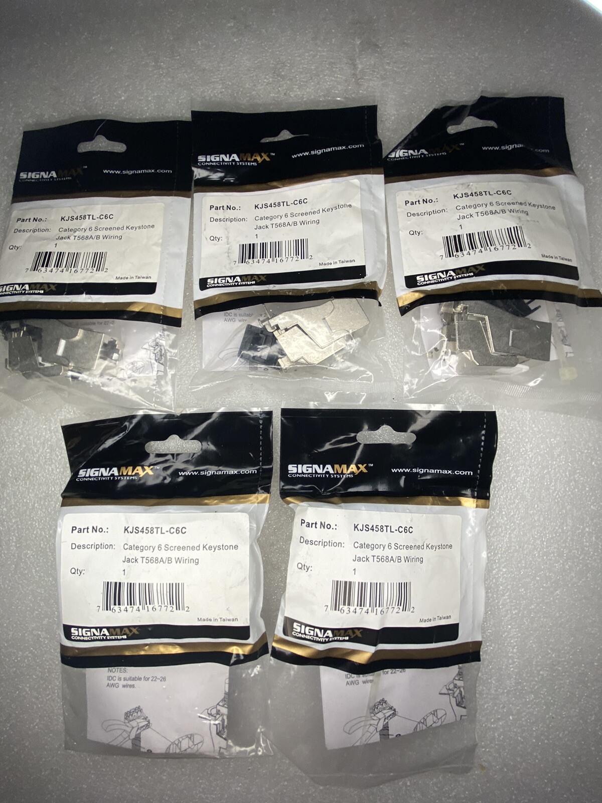 Signamax KJS458TL-C6C CAT6 Screened Keystone Jack T568A/B Wiring, New, Lot of 5