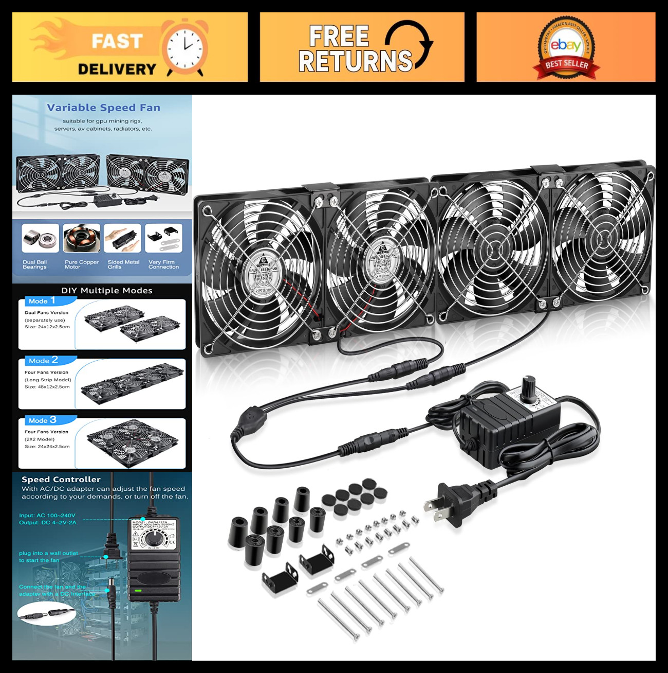High Airflow 4X 120mm Fans with AC Speed Controller for GPU Mining Rig, Server C